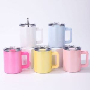 Bulk 12oz powder-coated insulated coffee mug stainless steel with square handle and reusable straw, ideal for corporate branding and wholesale office supplies