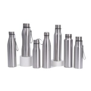 Wholesale 500ml single wall stainless steel water bottles in various sleek shapes, featuring portable carry straps and eco-friendly metallic finish for sports and promotion.