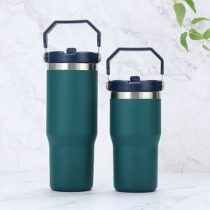 Wholesale 20oz and 30oz insulated travel tumbler mug with sturdy handles and straw lids, ideal for car cup holders and bulk supply.