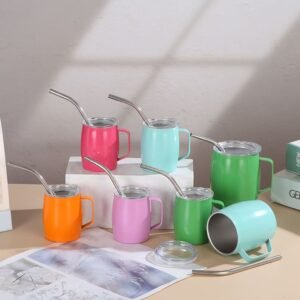 Bulk colorful mini belly tumbler shot glasses with handles and straws, showcasing 3oz and 5oz pastel colored espresso cups for wholesale custom orders.