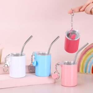 Bulk pink 3oz 90ml mini straight tumbler shot glass with clear lid, reusable stainless steel straw and pink lobster clasp keychain,