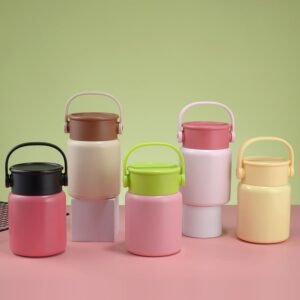 Wholesale 500ml insulated food jars with vintage milk can handles in diverse pastel powder coated colors.