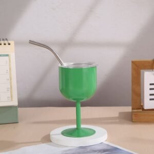 Wholesale 4oz and 5oz mini stainless steel wine goblet shot glasses in colorful orange, pink, purple, blue, green and white gloss finishes with metal straws, by Zhangjiakou Yinfan Co., Ltd.