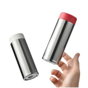 Technical diagram showing three sizes of 316 stainless steel slim lipstick thermos in 120ml, 150ml and 180ml capacities with heights of 12.7cm, 14.7cm and 16.9cm, with brushed silver finishes and white lids