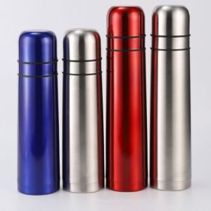 Classic green stainless steel vacuum bullet thermo flask with two detached serving cups and silicone carrying loop, by Zhangjiakou Yinfan Co., Ltd.