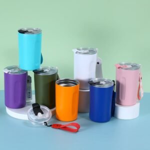 Wholesale 420ml portable matte insulated car tumblers with carrying straps in blue purple white orange and pink colors.