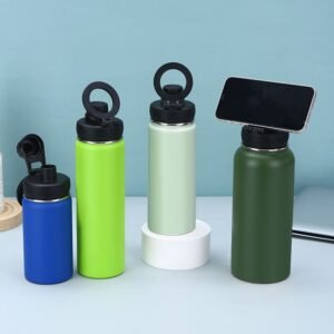 water bottle with magnetic phone holder. Wholesale stainless steel sports bottles with innovative foldable loop lids holding a smartphone, showcasing smart gym bottle phone holder design by Zhangjiakou Yinfan Co., Ltd.