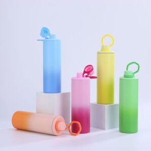 Collection of colorful gradient 20oz straight sublimation tumblers with matching lid handles.