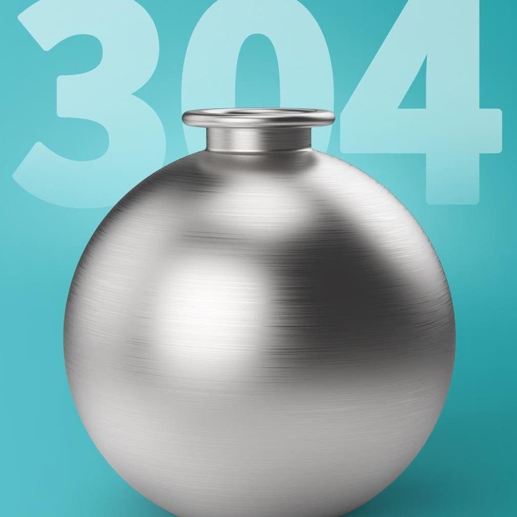 A close up view of a raw brushed SUS 304 stainless steel ball-shaped pet flask against a bold 304 numeric graphic backdrop.