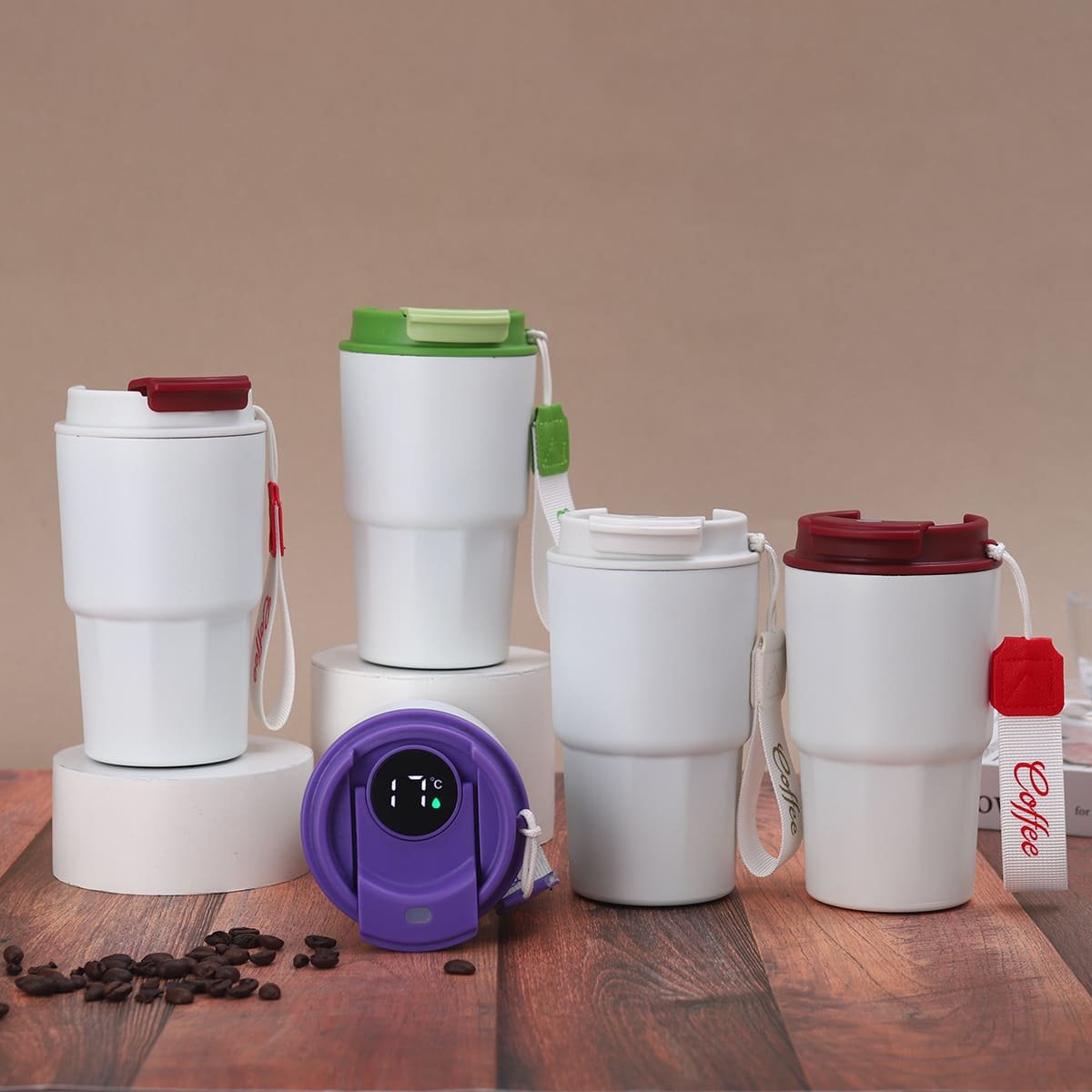 Bulk OEM ODM intelligent thermal travel mug array displaying white bodies paired with colorful custom straps and smart screen caps