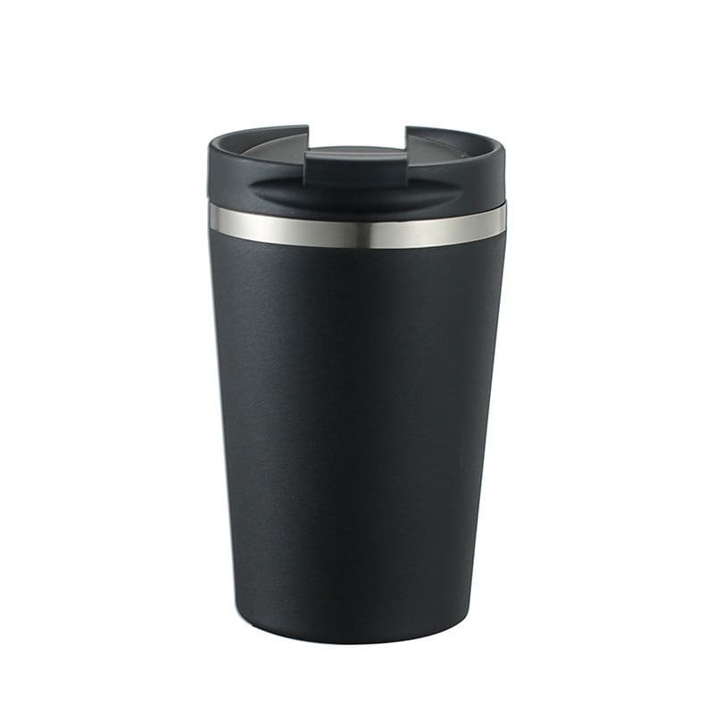An isolated front view of a sleek matte black 320ml travel coffee cup featuring a silver stainless steel collar and a closed black flip lid.