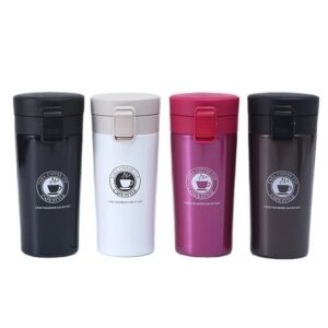 Classic push-button coffee tumbler lineup in black, white, red, and brown showcasing the straight body profile and cafe style logos.