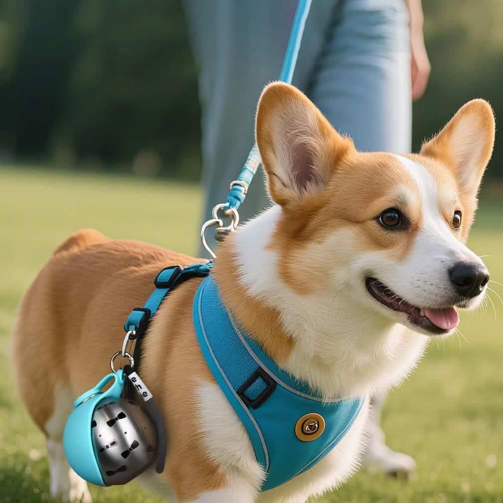 A corgi dog standing on grass outdoors with a tiffany blue pet travel flask clipped securely to its walking body harness.