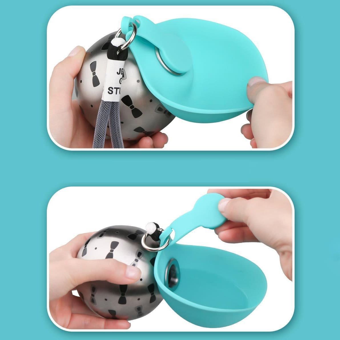 Two premium 285ml foldable silicone pet water bottles in pastel pink and tiffany blue showcased on a modern pedestal.