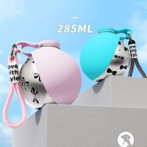 Two premium 285ml foldable silicone pet water bottles in pastel pink and tiffany blue showcased on a modern pedestal.