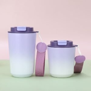Wholesale main image of two lavender gradient dual drinking coffee cup matte insulated coffee mugs standing together in 450ml and 260ml capacity options with texturized wrist straps.