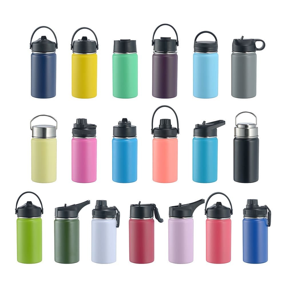 Close-up view of interchangeable black chug cap and light blue loop handle accessories for 12oz children insulated water bottle.