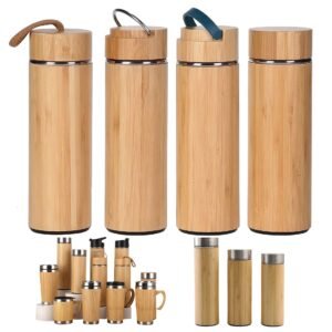 Main product specifications layout highlighting the primary 450ml and 500ml natural bamboo stainless steel tumbler straight cylinder variants.
