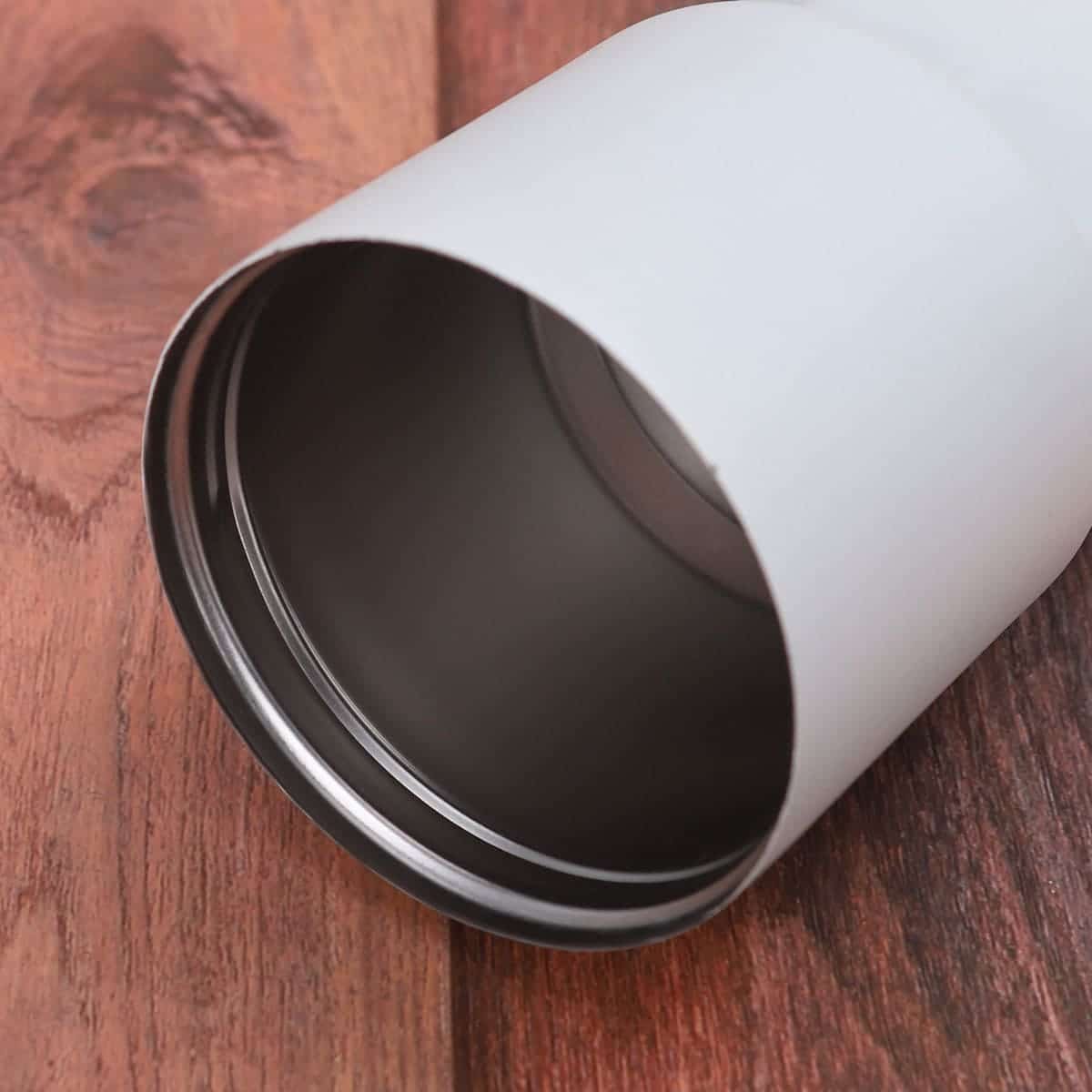 Wide mouth details of premium SUS 316 luxury coffee tumbler showcasing smooth external threaded rim and metallic body.