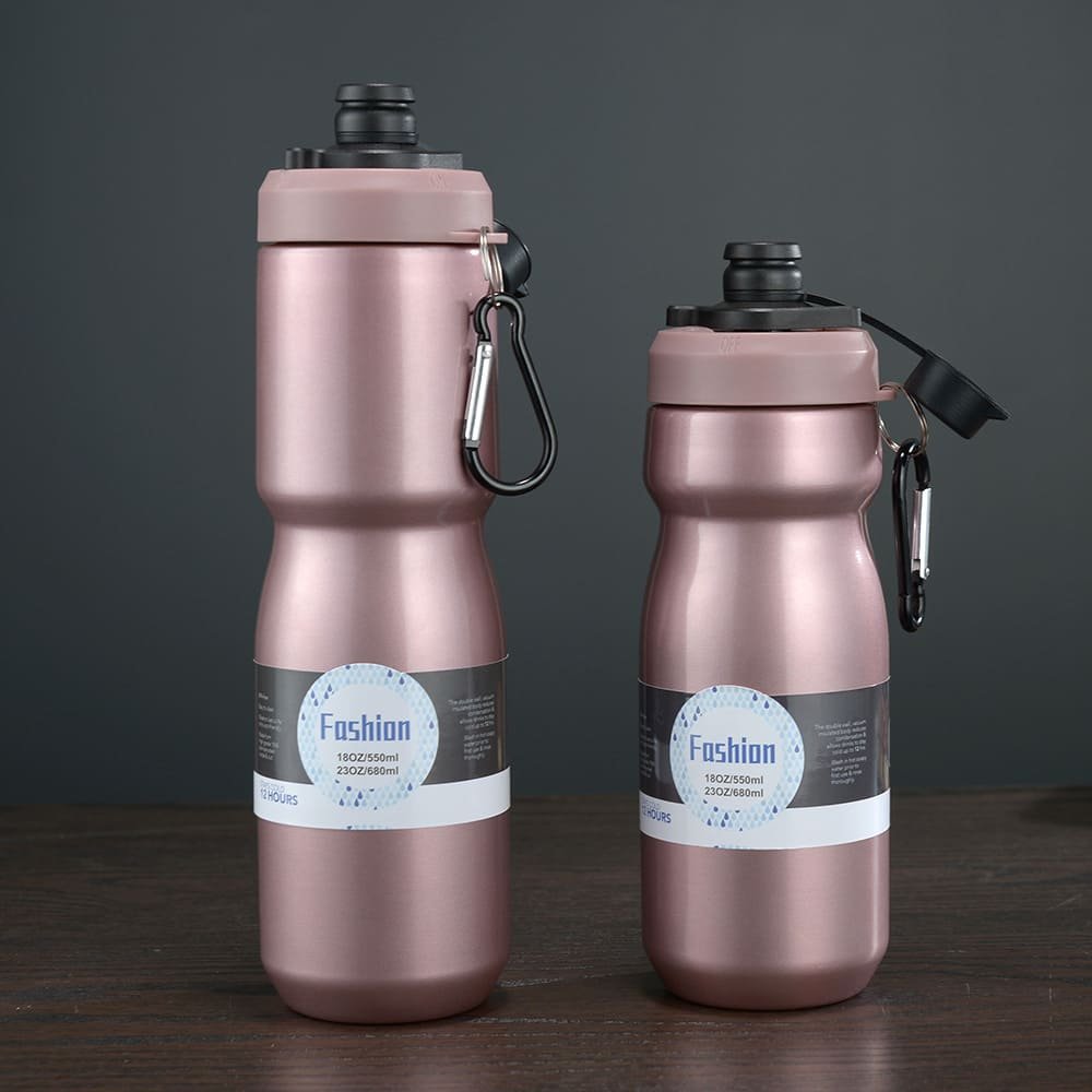 Single SKU shot of a premium blue vacuum sports water bottle with an integrated rigid carry loop against a neutral grey background.