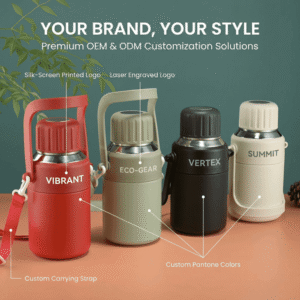 Wholesale 1000ml one-click pop-up spout vacuum thermos in olive green and red showing the dual-use insulated cup lid and heavy duty strap.