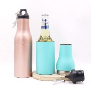 Wholesale 12oz 4-in-1 vacuum insulated can cooler with different lid variants and custom color finishes.