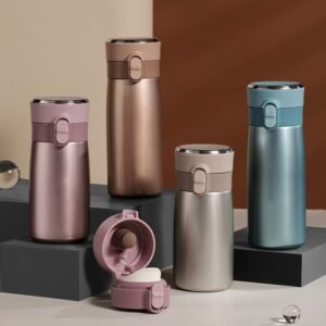 Wholesale 400ml bounce lid vacuum insulated flasks arranged in four matte metallic colors including pink, bronze, champagne gold, and slate blue with one disassembled lid showing the sealing mechanism.