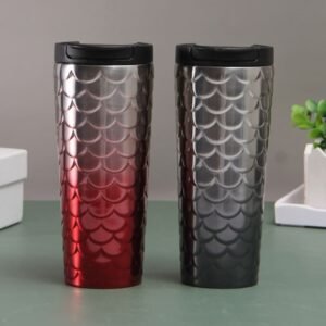 Front view of wholesale 500ml fish scale embossed stainless steel tumbler with premium gradient finish.