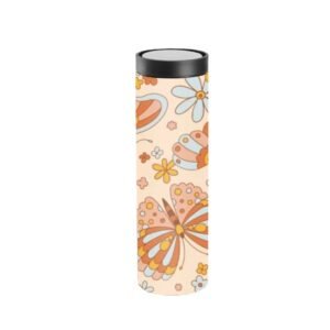 Wholesale 500ml push-button dispensing straight thermos decorated with a full wrap vintage orange butterfly and floral pattern