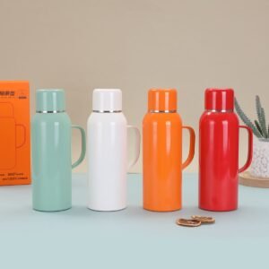 Lineup of Ingfan 800ml heritage vacuum insulated thermal flasks in four distinct matte colors including alpine mint, chalk white, safari orange, and crimson red next to an orange retail packaging box.