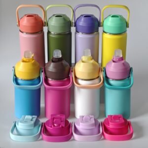 Wholesale collection of 12oz kids insulated water bottle in vibrant pastel colors showcasing various interchangeable lid options from Ingfan factory.
