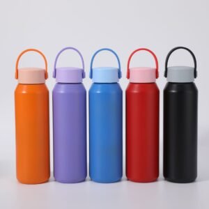 Wholesale single wall stainless steel water bottle 600ml array showing orange purple blue red and black colors