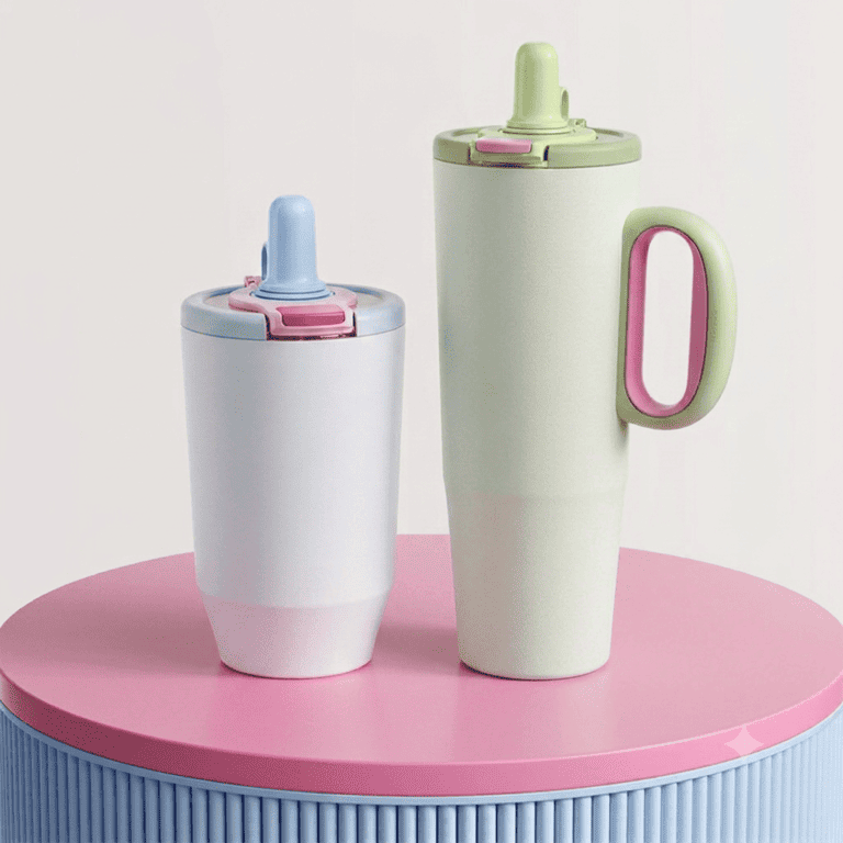 680ml 1200ml lake green vacuum insulated tumbler with a pink-accented handle and dual-tier lid on a pink display pedestal.