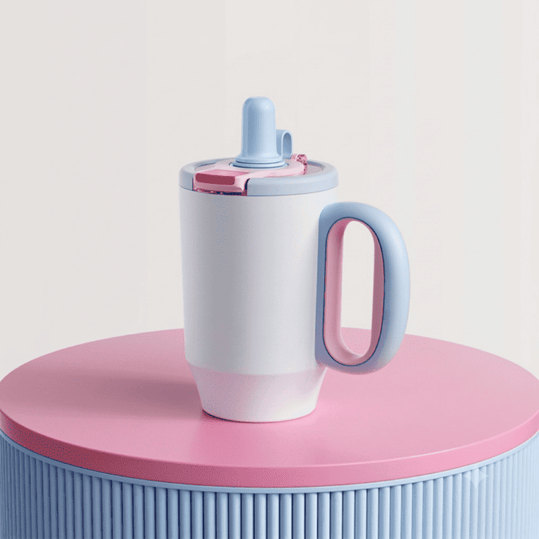680ml sea breeze blue stainless steel travel mug with pink handle accents and dual-tier cap on a display riser.