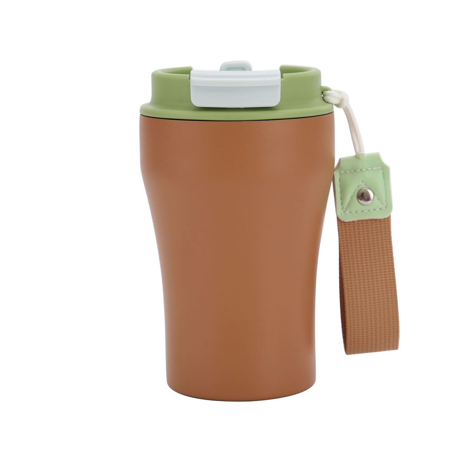 Front view of a 380ml brown waisted travel cup featuring a green lid and matching woven fabric carrying strap.