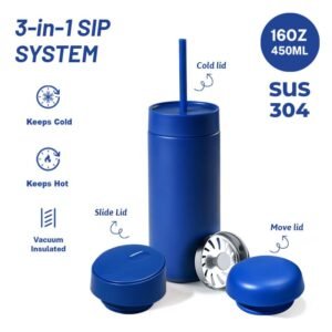 Royal blue 16oz capsule coffee tumbler fellow style displayed as a 3-in-1 sip system set with interchangeable slide, straw, and move lids.