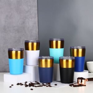 Wholesale 12oz stainless steel coffee tumblers with electroplated gold rims and different matte color finishes on display.