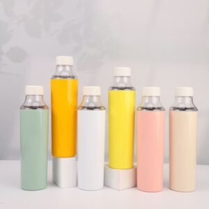 Front view lineup of wholesale 20oz cold brew clear infuser stainless steel tumblers in multiple pastel colors.
