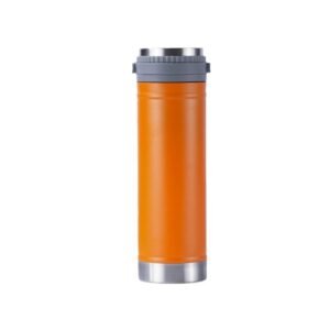 Wholesale 750ml vacuum insulated thermo flask in matte orange powder coating with a stainless steel base isolated on a white background.