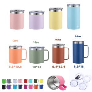 Wholesale mosaic vacuum insulated mug series cozy set, showcasing thin mint dusty tangerine soft coral sand blue and matte black Matte Powder Coated water flasks in 12oz 14oz 16oz 24oz capacities isolated on a marble stand.