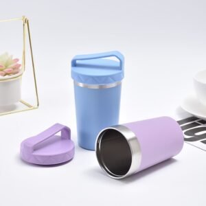 Wholesale 12oz matte grey blue insulated coffee mug with flip lid and double wall steel build.