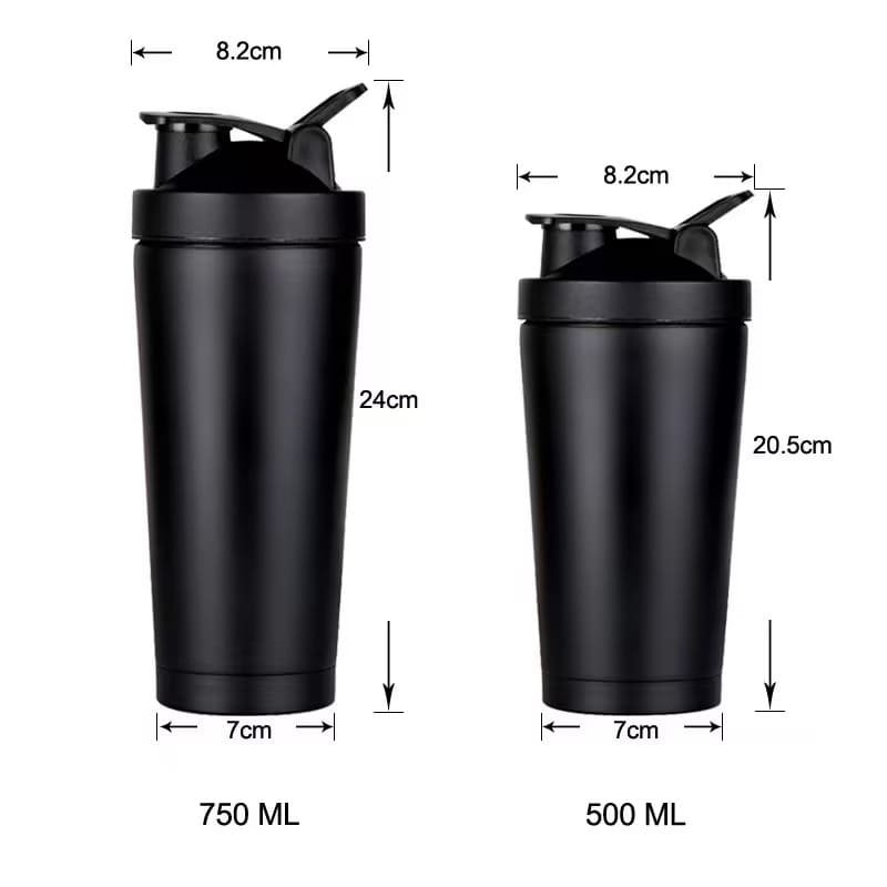 Multiple color options of 500ml and 750ml stainless steel protein shaker bottles.