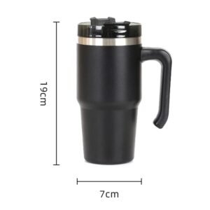 Matte black 20oz insulated stainless steel car travel tumbler with handle showing 19cm height and 7cm base diameter