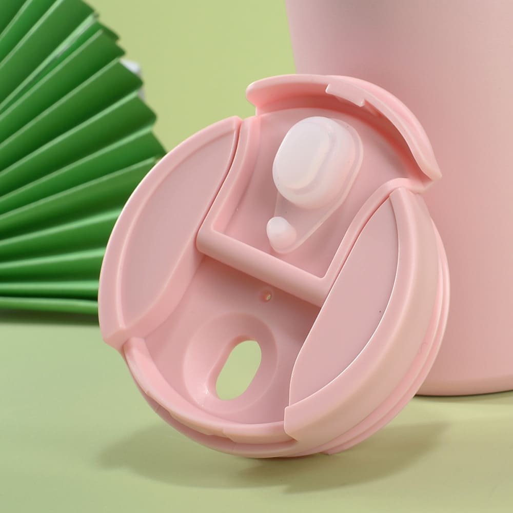 Technical component analysis photograph isolated viewing pastel pink Matte Powder Coating Cozy water flask isolated on a white platform.