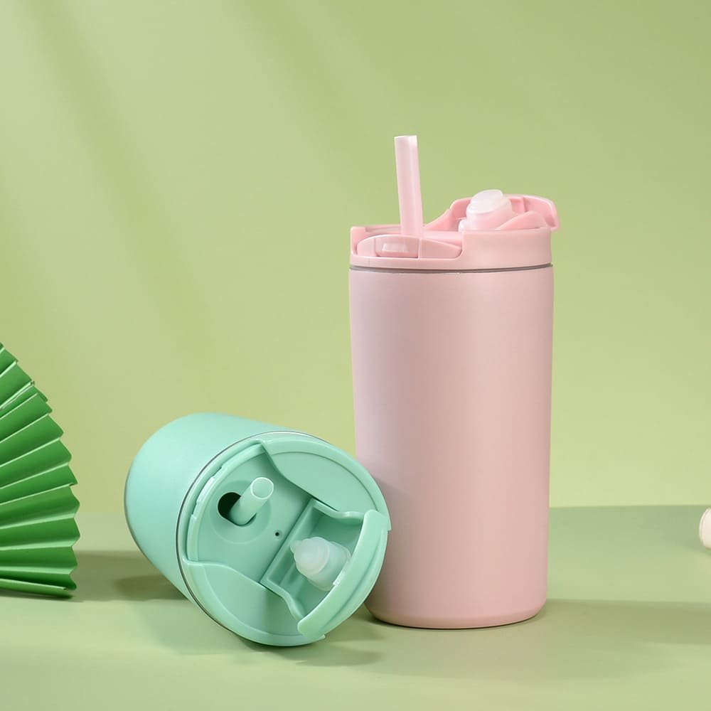 Technical component analysis photograph isolated viewing pastel green Matte Powder Coating Cozy water flask isolated on a white platform.