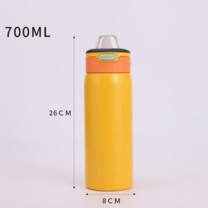 Yellow 700ml dual spout insulated stainless steel water bottle showing 26cm height and 8cm base diameter