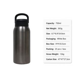 Gunmetal grey 750ml stainless steel vacuum water bottle with loop lid next to packaging carton size specifications