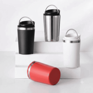 Wholesale portable handle vacuum coffee tumbler cozy set entirely, showcasing matte powder coated water flasks isolated on white platform completely completely complete completely visualisation.