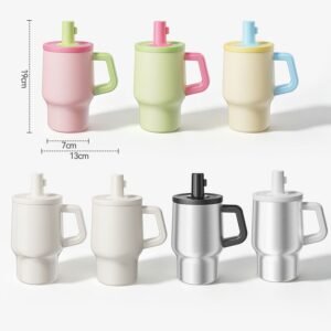 500ml insulated ceramic lined tumblers in various colors showing height 19cm and base width 7cm.