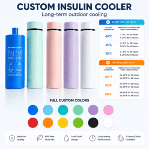 Insulin cooler travel case displayed with multiple insulin pens and temperature retention chart.